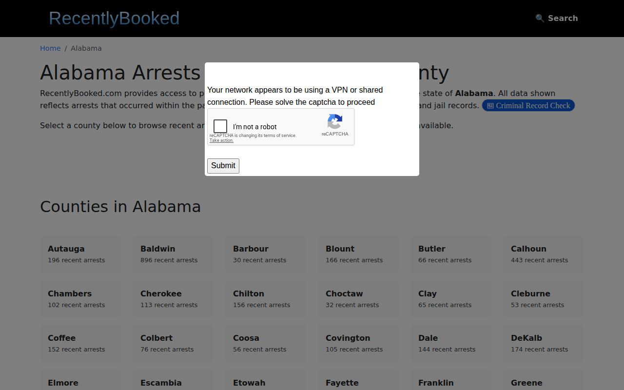 Recently Booked Alabama directory showing no Lamar County arrest page