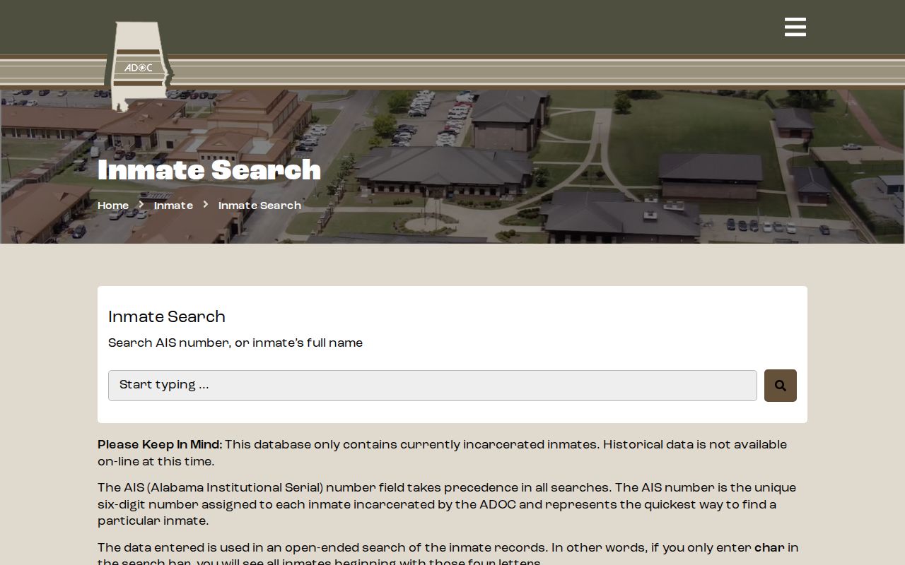 ADOC search form for Lamar County state-prison records and offender photos