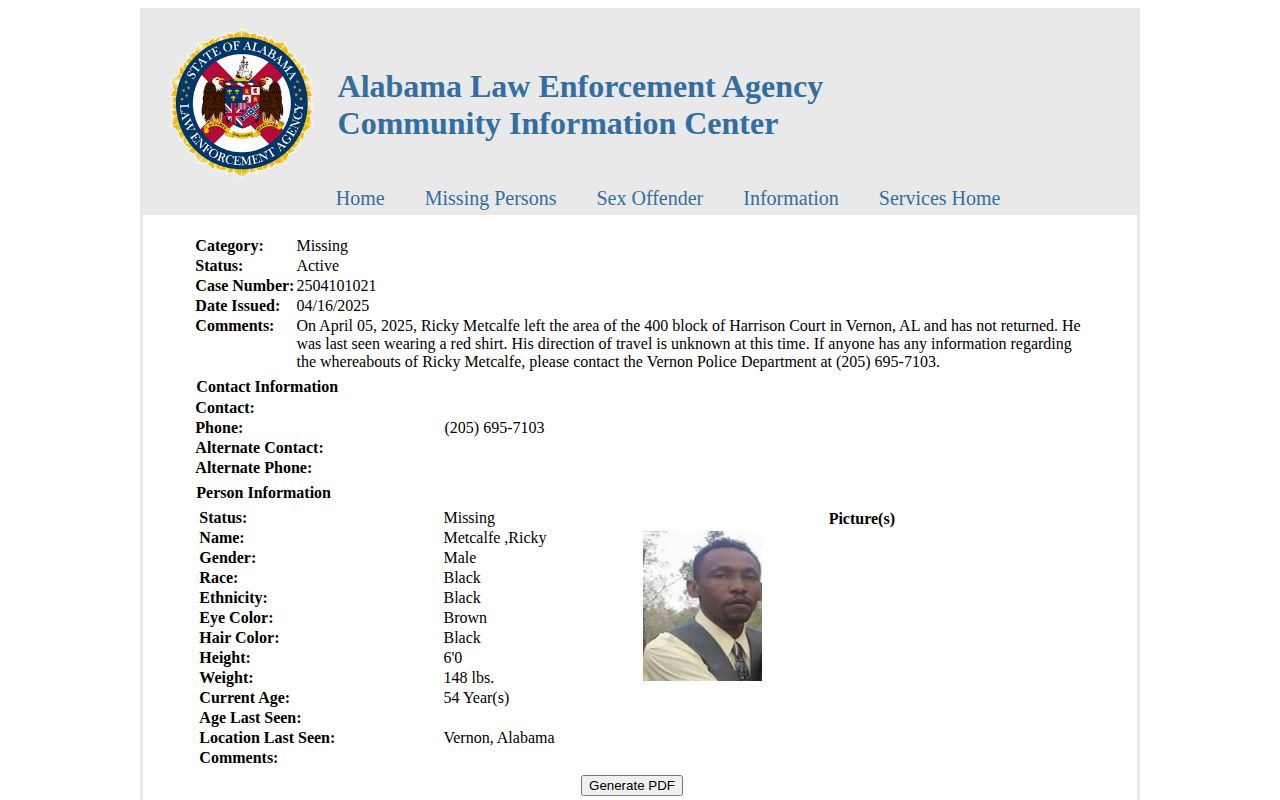 Vernon Lamar County ALEA missing-person alert record interface